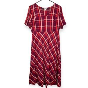 J Jill plaid red pink and burgundy midi rayon dress short sleeves women’s size M